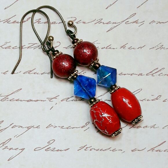 artisan earrings 445#mfs NEW boho carmine blue glass bead earrings victorian hat - Picture 2 of 5